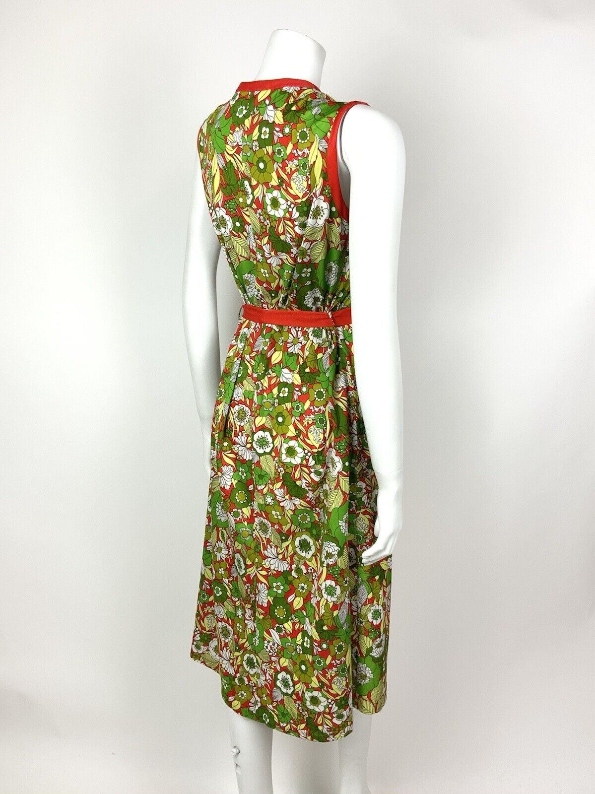 VTG 60s 70s GREEN RED WHITE PSYCHEDELIC FLORAL BELTED SLEEVELESS MOD DRESS 10 12