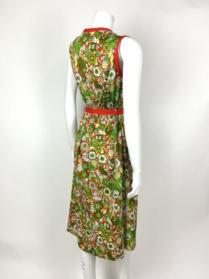 VTG 60s 70s GREEN RED WHITE PSYCHEDELIC FLORAL BELTED SLEEVELESS MOD DRESS 10 12