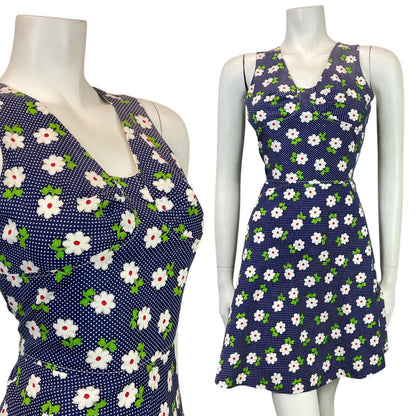 VINTAGE 60s 70s BLUE WHITE RED POLKA-DOT DAISY FLOWER SUMMER SWING DRESS 8 10
