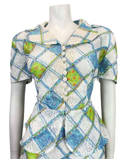 VINTAGE 60s 70s WHITE BLUE GREEN CHECKED FLORAL PELUM LACE DRESS 16