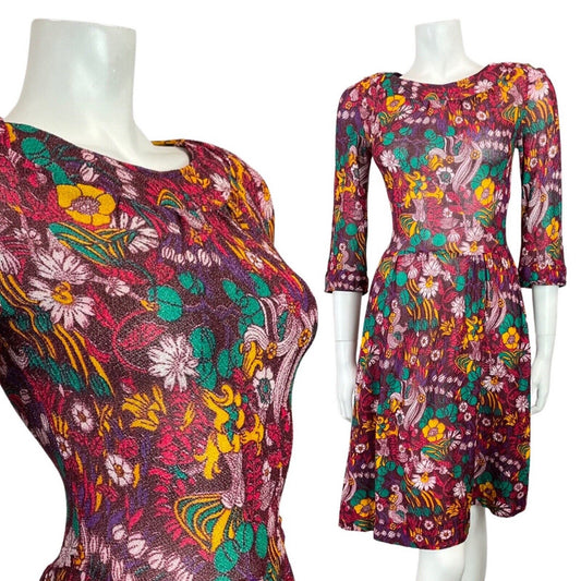 VINTAGE 70s 90s PURPLE GREEN YELLOW PSYCHEDELIC FLORAL LUREX SKATER DRESS 8