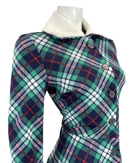 VINTAGE 60s 70s BLUE GREEN WHITE TARTAN CHECKED MOD WING COLLAR SHIRT DRESS 12