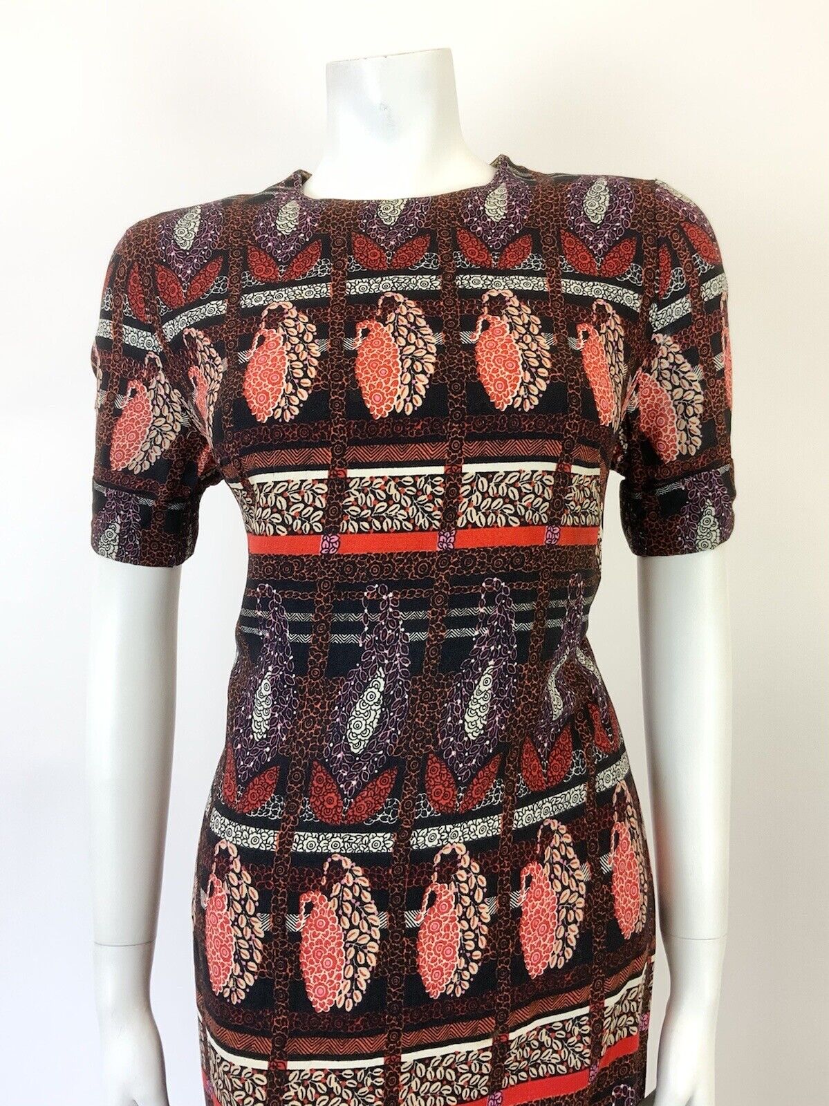 VINTAGE 60s 70s BLACK RED PINK CHECKED FLORAL LEAFY PAISLEY SWING DRESS 14 16