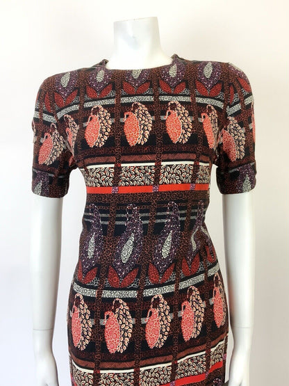 VINTAGE 60s 70s BLACK RED PINK CHECKED FLORAL LEAFY PAISLEY SWING DRESS 14 16