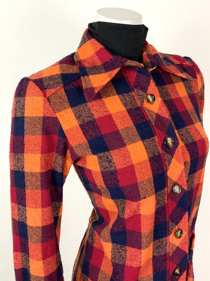VINTAGE ORANGE RED BLUE CHECKED DAGGER COLLAR MOD WOOL COAT 8 10