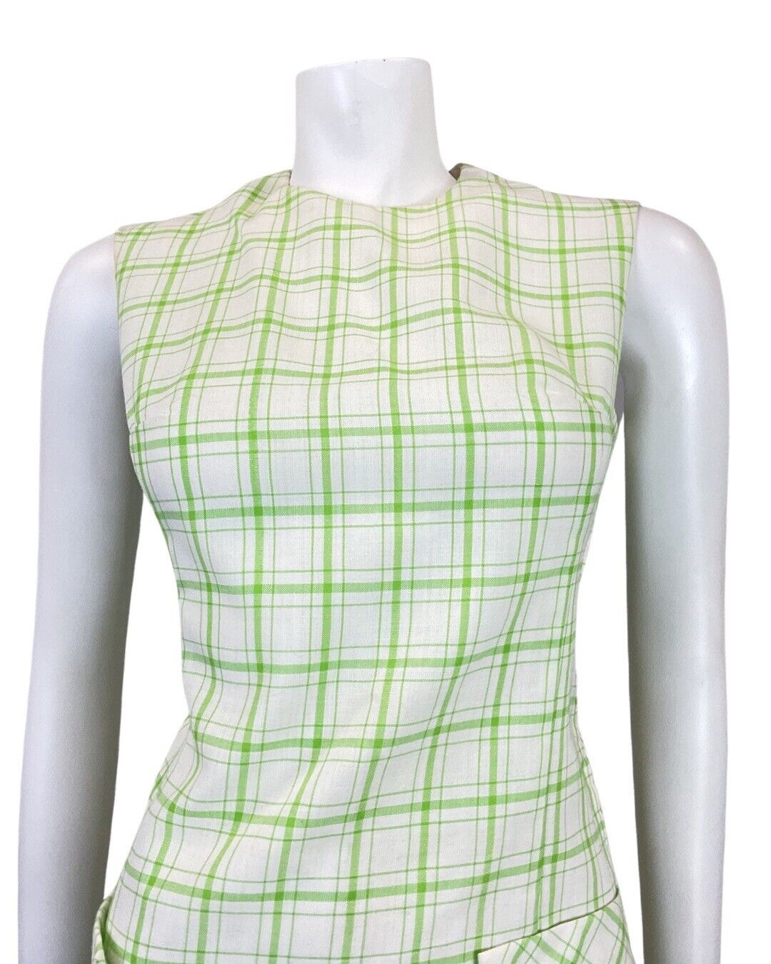 VINTAGE 60s 70s WHITE GREEN GRID CHECKED MOD SLEEVELESS SHIFT DRESS 10 12