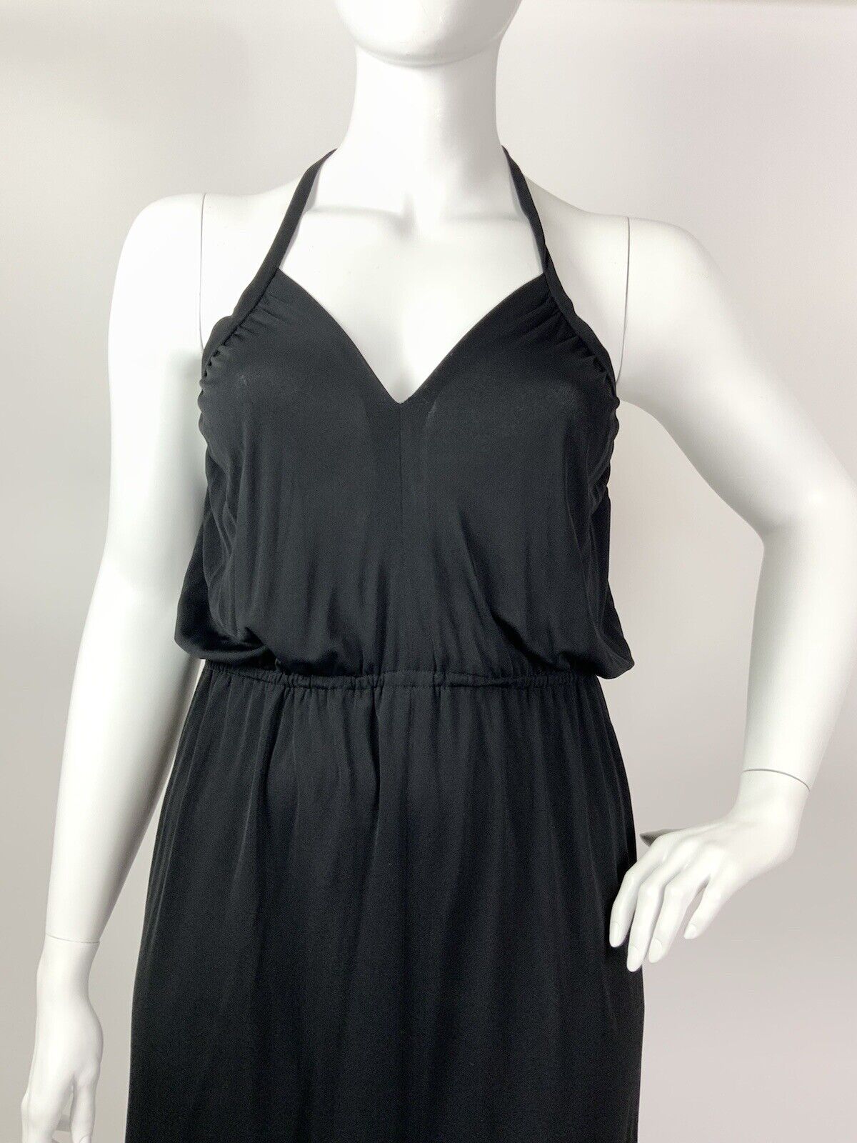 VINTAGE 60s 70s JET BLACK GRECIAN STRAPPY HALTER MAXI SUN DRESS 16 18