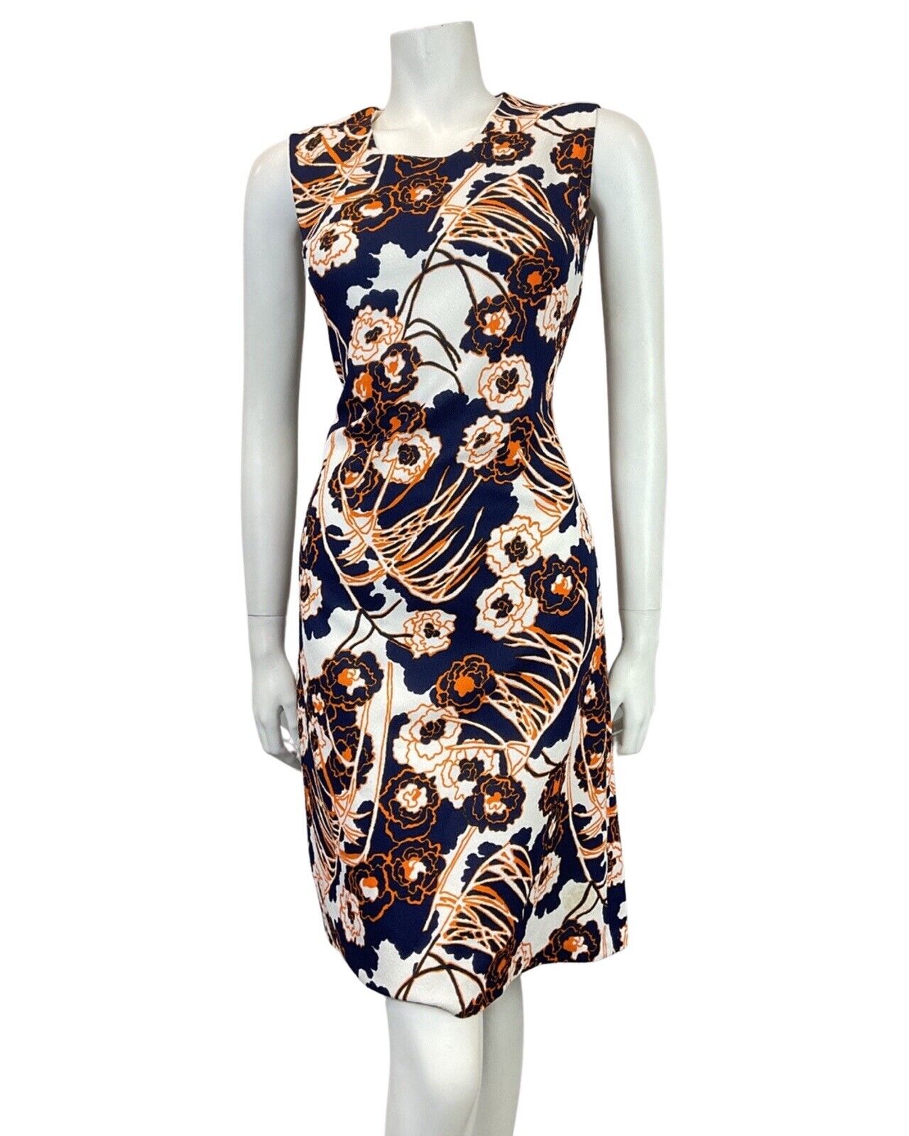 VINTAGE 60s 70s BLUE WHITE ORANGE PSYCHEDELIC FLORAL MOD SLEEVELESS DRESS 10