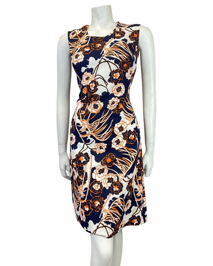 VINTAGE 60s 70s BLUE WHITE ORANGE PSYCHEDELIC FLORAL MOD SLEEVELESS DRESS 10