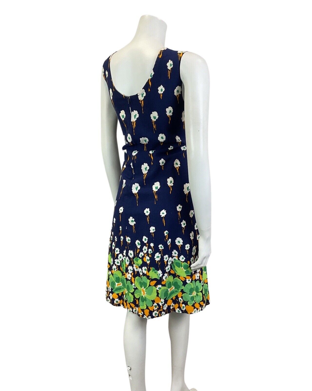 VINTAGE 60s 70s BLUE WHITE GREEN FLORAL ABSTRACT SLEEVELESS SUMMER DRESS 16 18