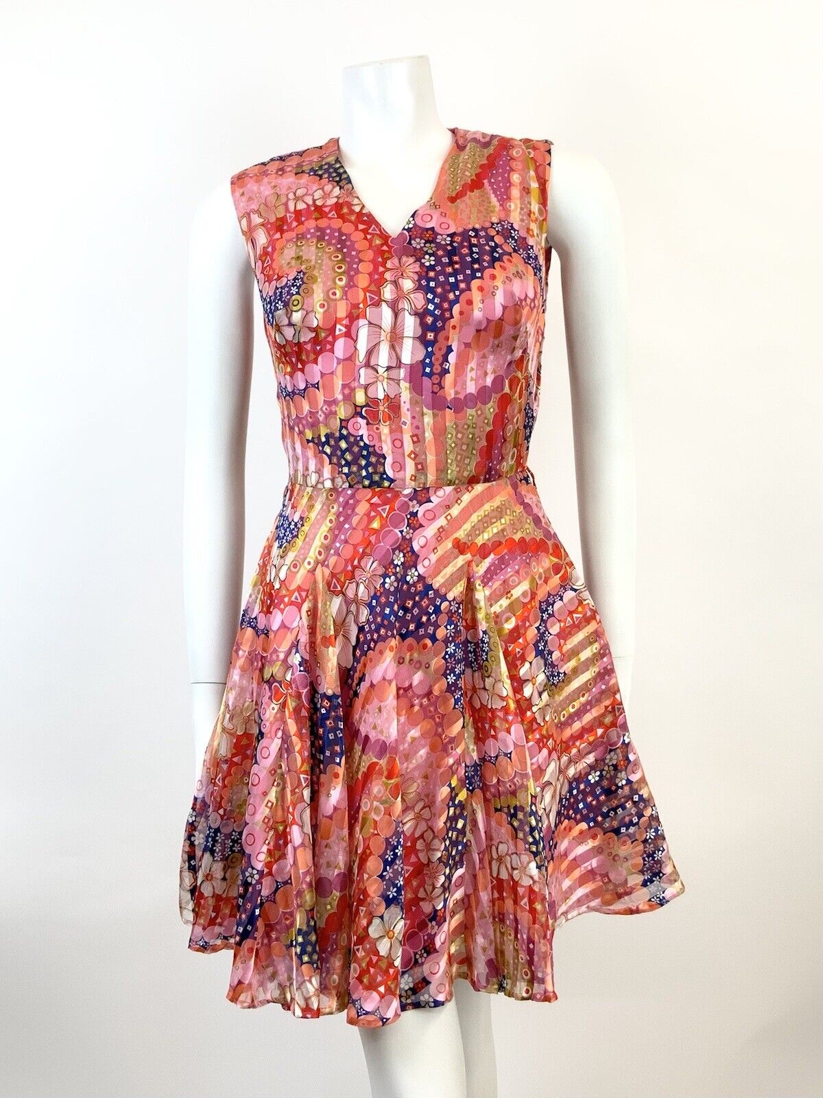 VINTAGE 60s 70s PINK ORANGE BLUE PSYCHEDELIC FLORAL GEOMETRIC FLOATY DRESS 6 8