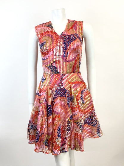 VINTAGE 60s 70s PINK ORANGE BLUE PSYCHEDELIC FLORAL GEOMETRIC FLOATY DRESS 6 8