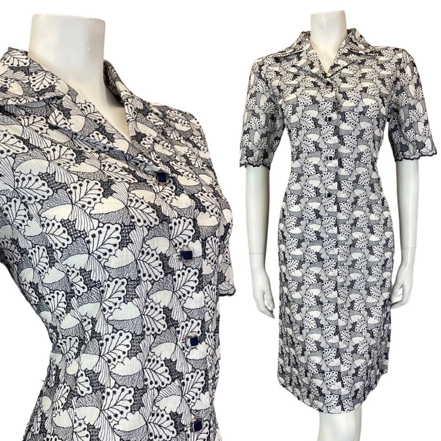 VINTAGE 60s 70s BLACK WHITE EMBROIDERED LEAFY FLORAL MOD SHIRT DRESS 12 14