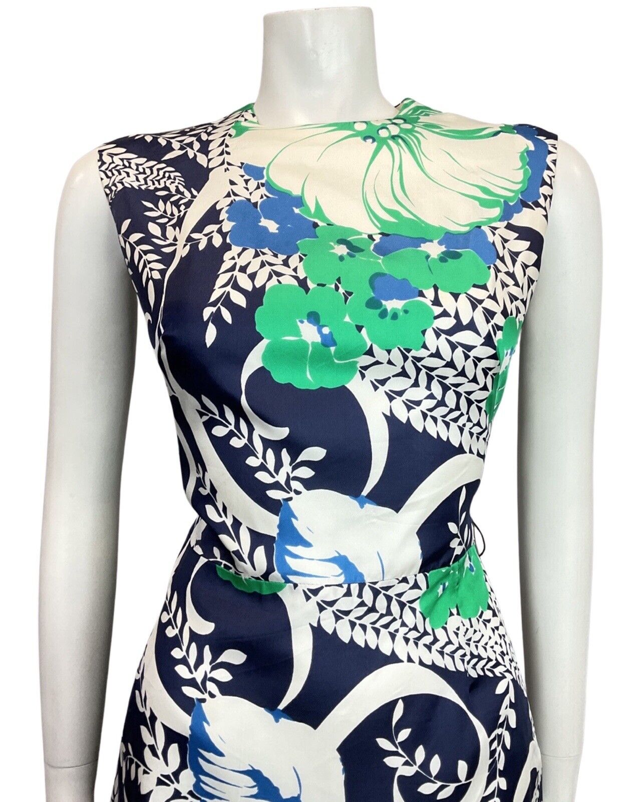VINTAGE 60s 70s BLUE GREEN WHITE FLORAL VINE LEAFY SLEEVELESS DRESS 12