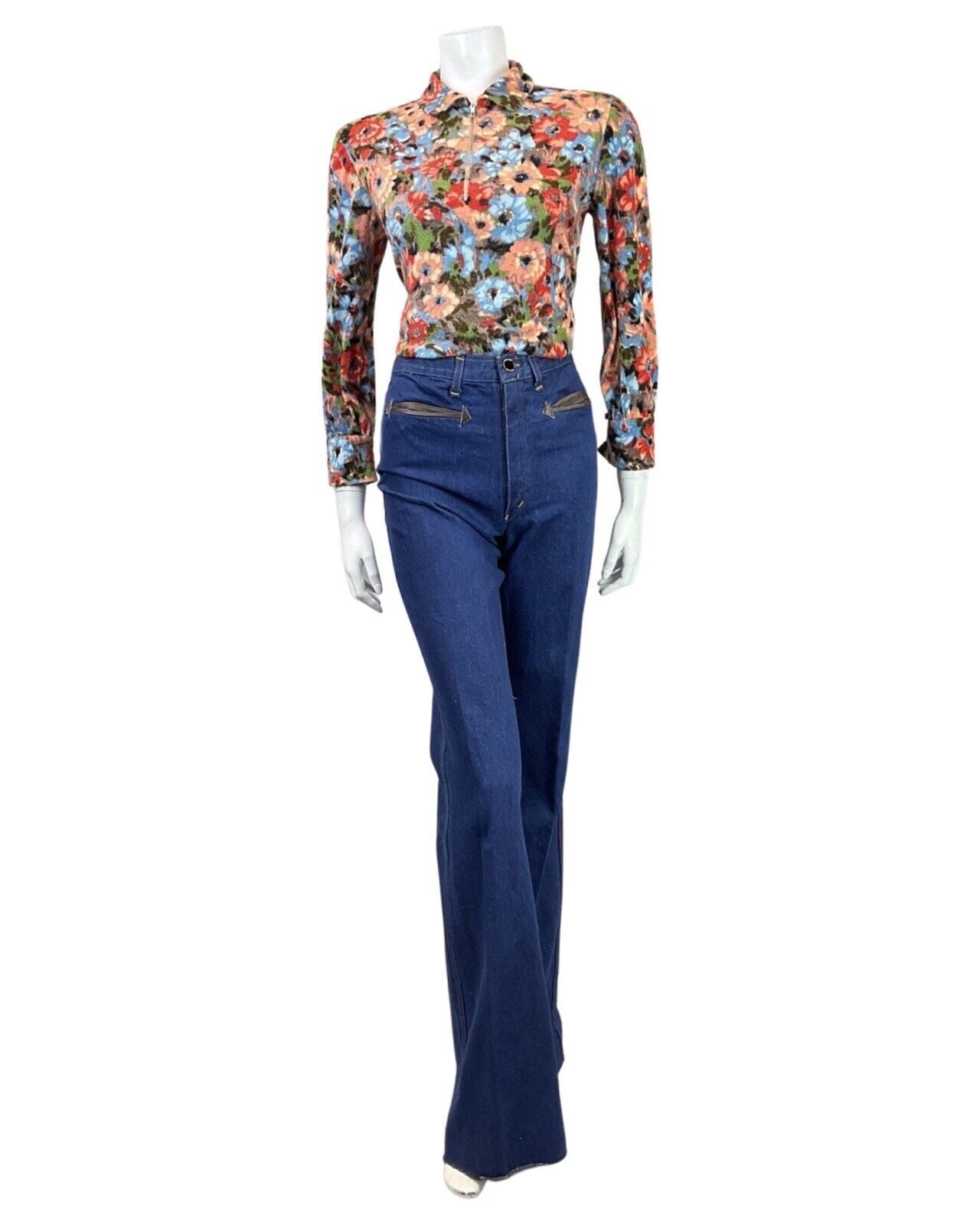 VTG 60s 70s ORANGE BLUE RED FLORAL FLEECE ZIP-UP MOD DAGGER BLOUSE 10 12