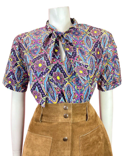 VTG 60s 70s PURPLE BLUE YELLOW PINK PSYCHEDELIC FLORAL PUSSYBOW BLOUSE TOP 16 18