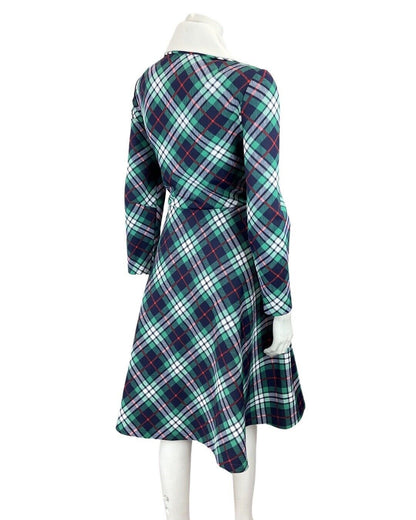 VINTAGE 60s 70s BLUE GREEN WHITE TARTAN CHECKED MOD WING COLLAR SHIRT DRESS 12