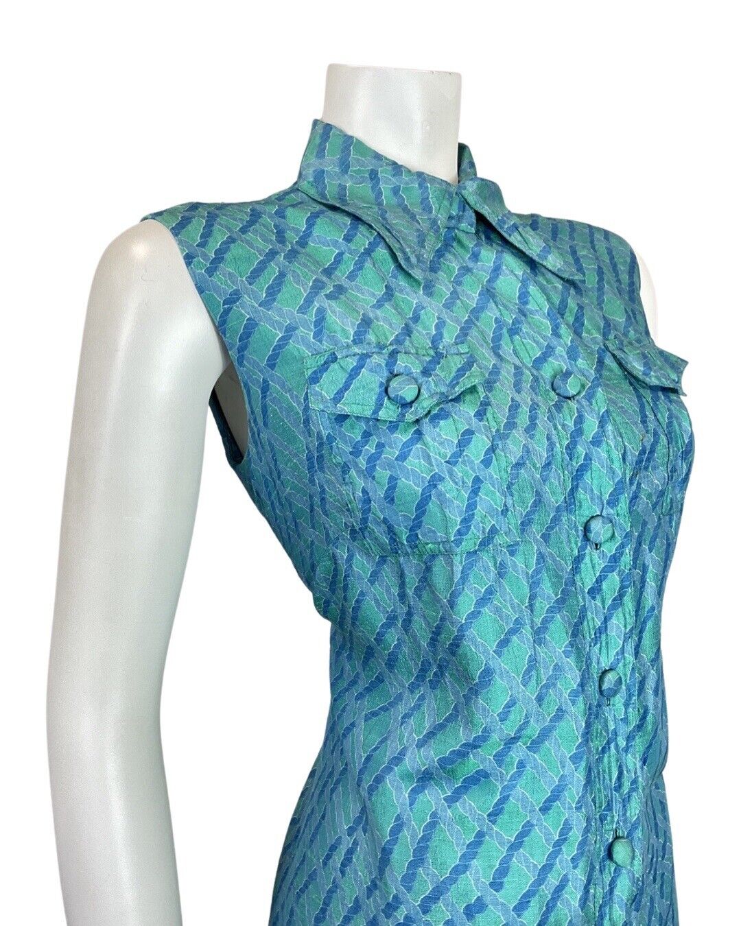 VINTAGE 60s 70s BLUE GREEN ROPE BRAIDED MOD SILK DAGGER SHIRT DRESS 12 14