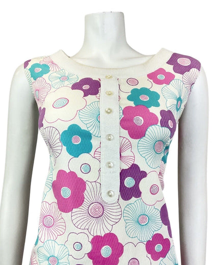 VINTAGE 60s 70s WHITE PINK BLUE DAISY FLOWER MOD SLEEVELESS SHIFT DRESS 12 14
