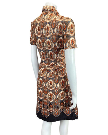 VINTAGE 60s 70s CREAM BLUE ORANGE PSYCHEDELIC FLORAL DAGGER SHIRT DRESS 10 12