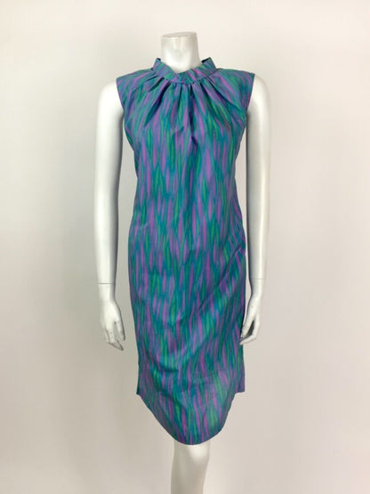 VINTAGE 60s 70s BLUE PURPLE GREEN PSYCHEDELIC WAVY MOD A-LINE DRESS 12 14