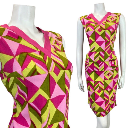 VINTAGE 60s 70s PINK YELLOW GOLD GEOMETRIC SLEEVELESS A-LINE SHIFT DRESS 12