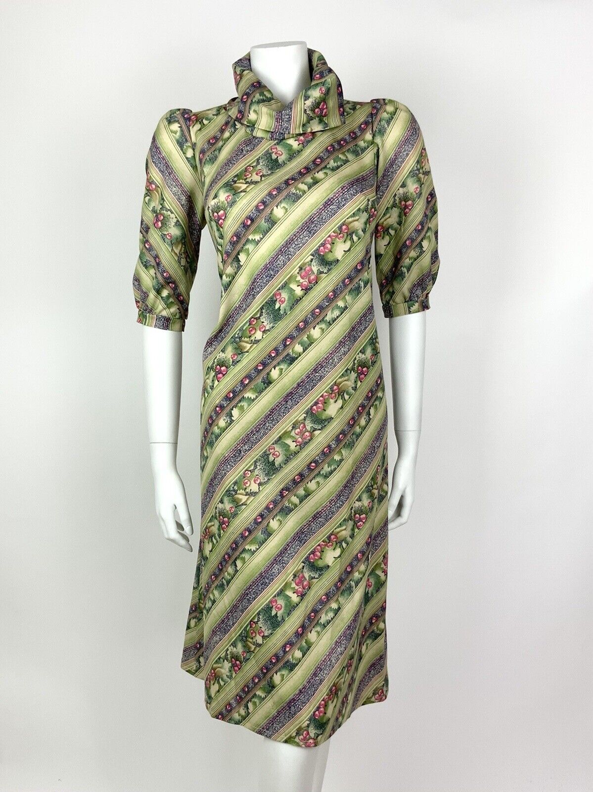 VTG 60s 70s GREEN PINK BLUE STRIPED SQUIGGLE BERRY LEAFY COWL A-LINE DRESS 10 12