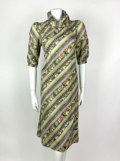 VTG 60s 70s GREEN PINK BLUE STRIPED SQUIGGLE BERRY LEAFY COWL A-LINE DRESS 10 12