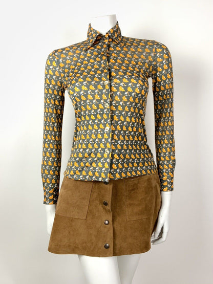 VINTAGE 70s STYLE 90s GREY SILVER YELLOW FLORAL STRIPED DAGGER SHIRT BLOUSE 8