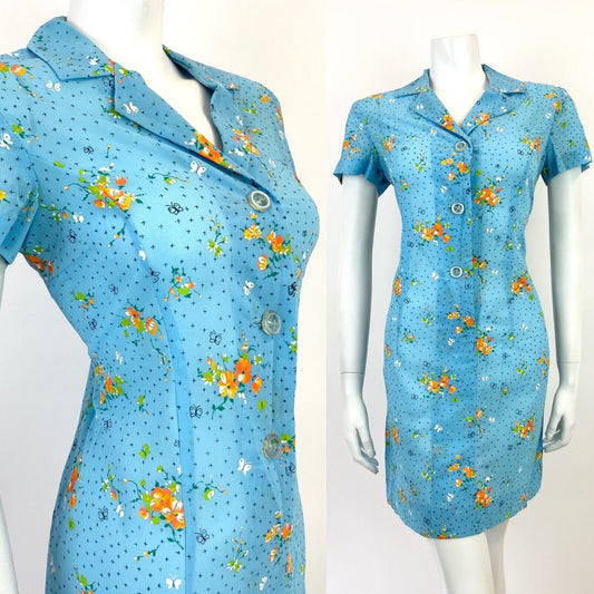 VTG 60s 70s BABY BLUE WHITE ORANGE FLORAL BUTTERFLY MOD SHEER SHIRT DRESS 10 12