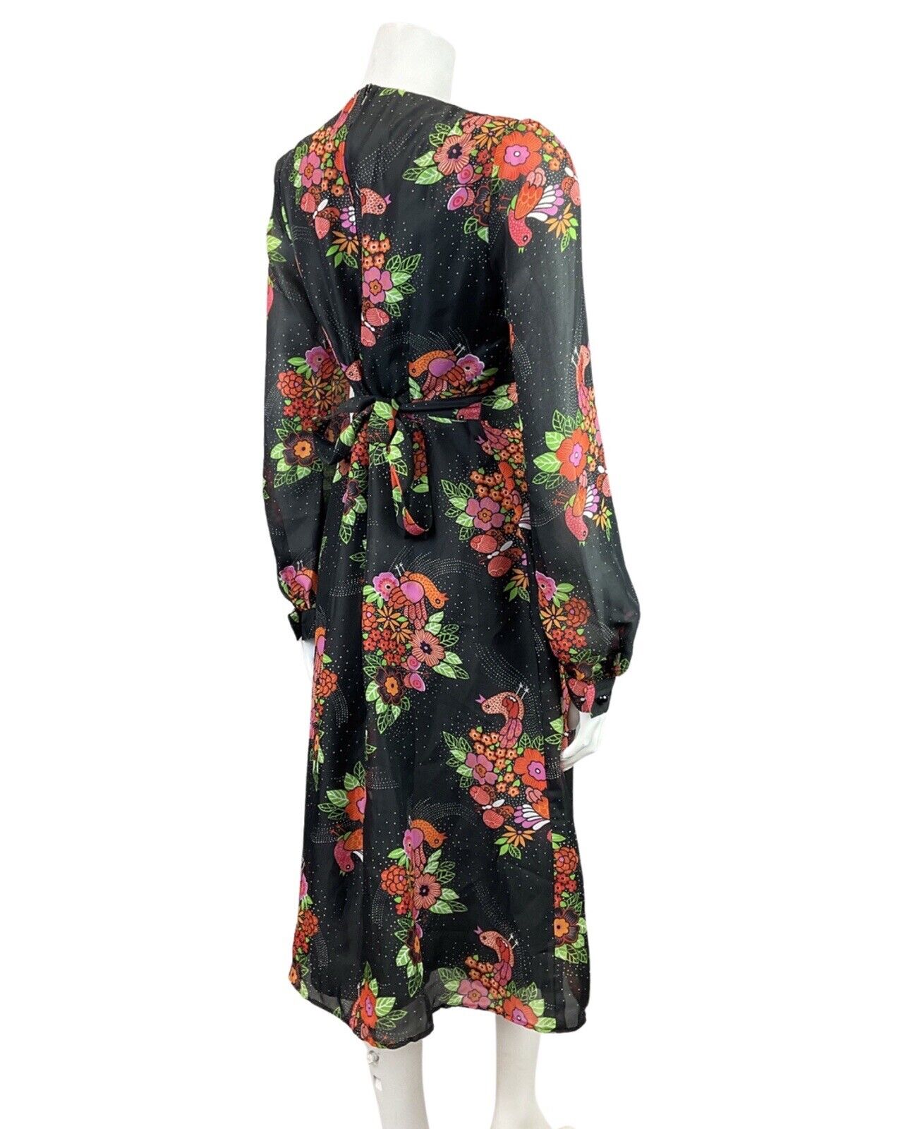 VTG 60s 70s BLACK PINK GREEN FLORAL BIRD BUTTERFLY SHEER SWING DRESS 12
