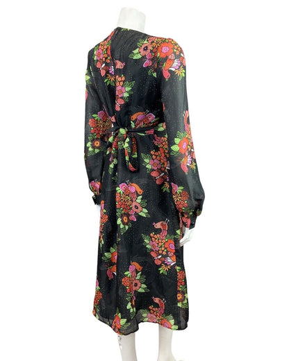VTG 60s 70s BLACK PINK GREEN FLORAL BIRD BUTTERFLY SHEER SWING DRESS 12
