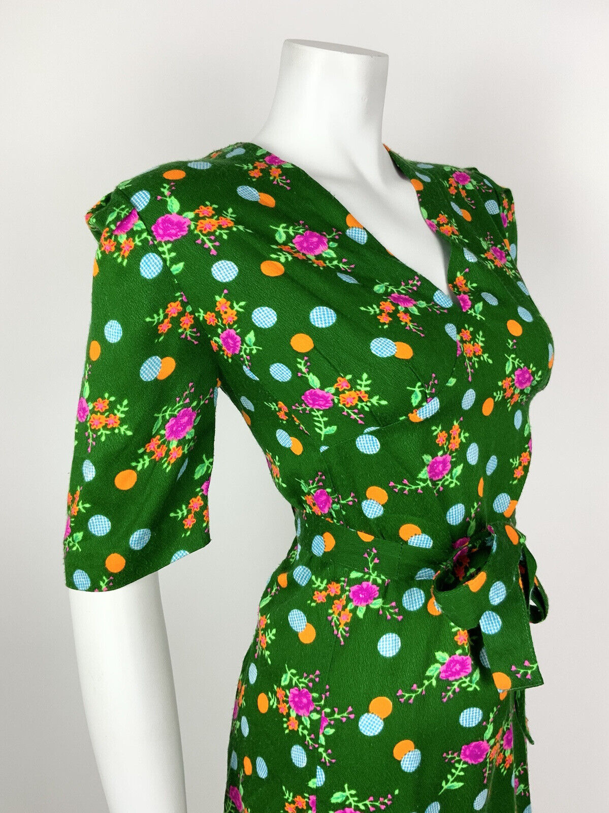 VINTAGE 60s 70s GREEN PINK ORANGE BLUE DOTTY FLORAL BELTED DRESS 14 16