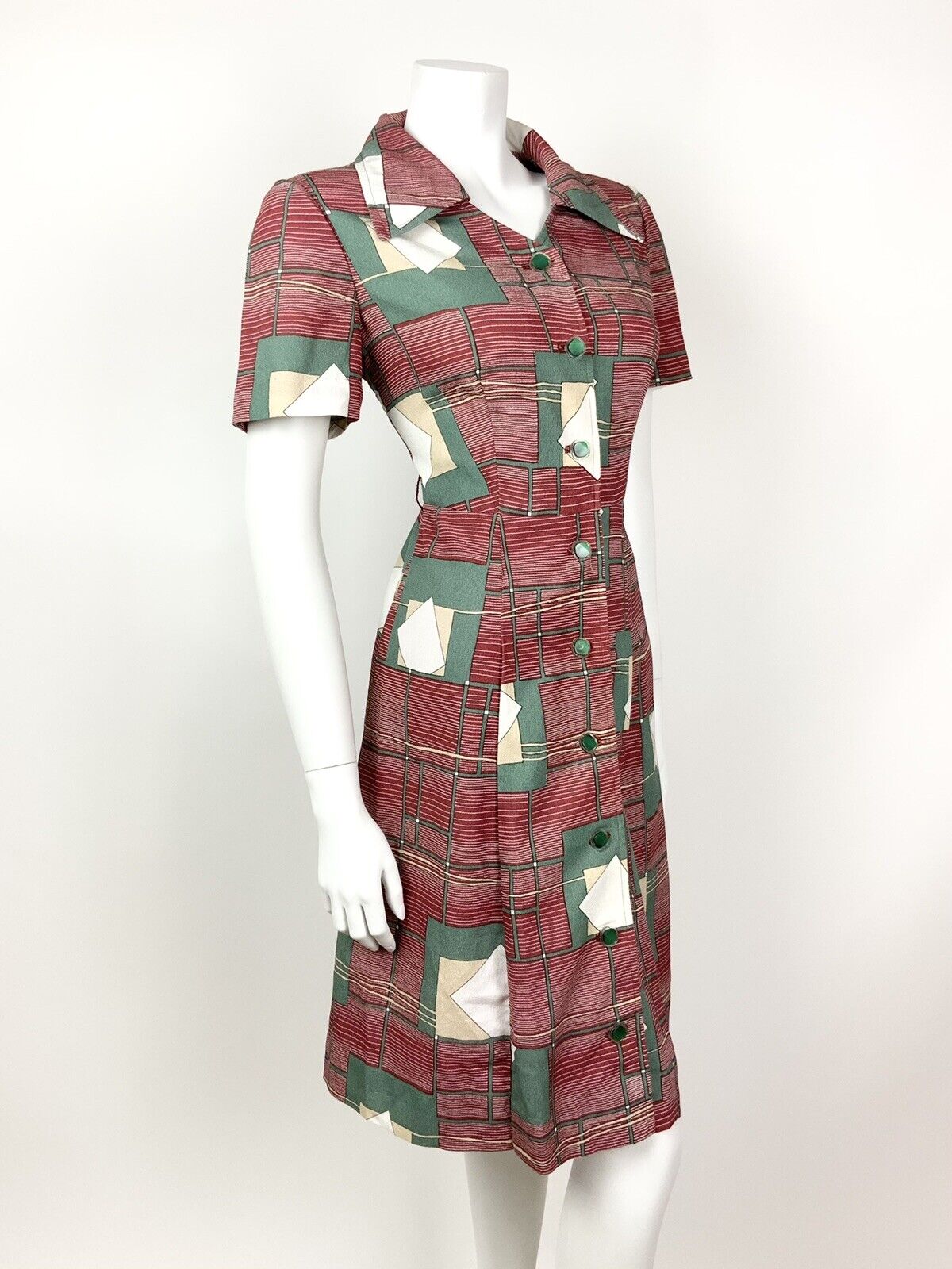 VINTAGE 60s 70s RED GREEN BEIGE WHITE GEOMETRIC STRIPED DAGGER SHIRT DRESS 12 14