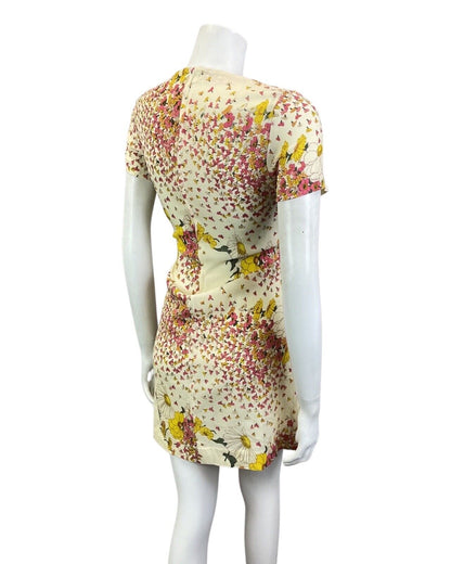 VINTAGE 60s 70s CREAM PINK YELLOW FLORAL PETAL SUMMER SHORT DRESS 8 10