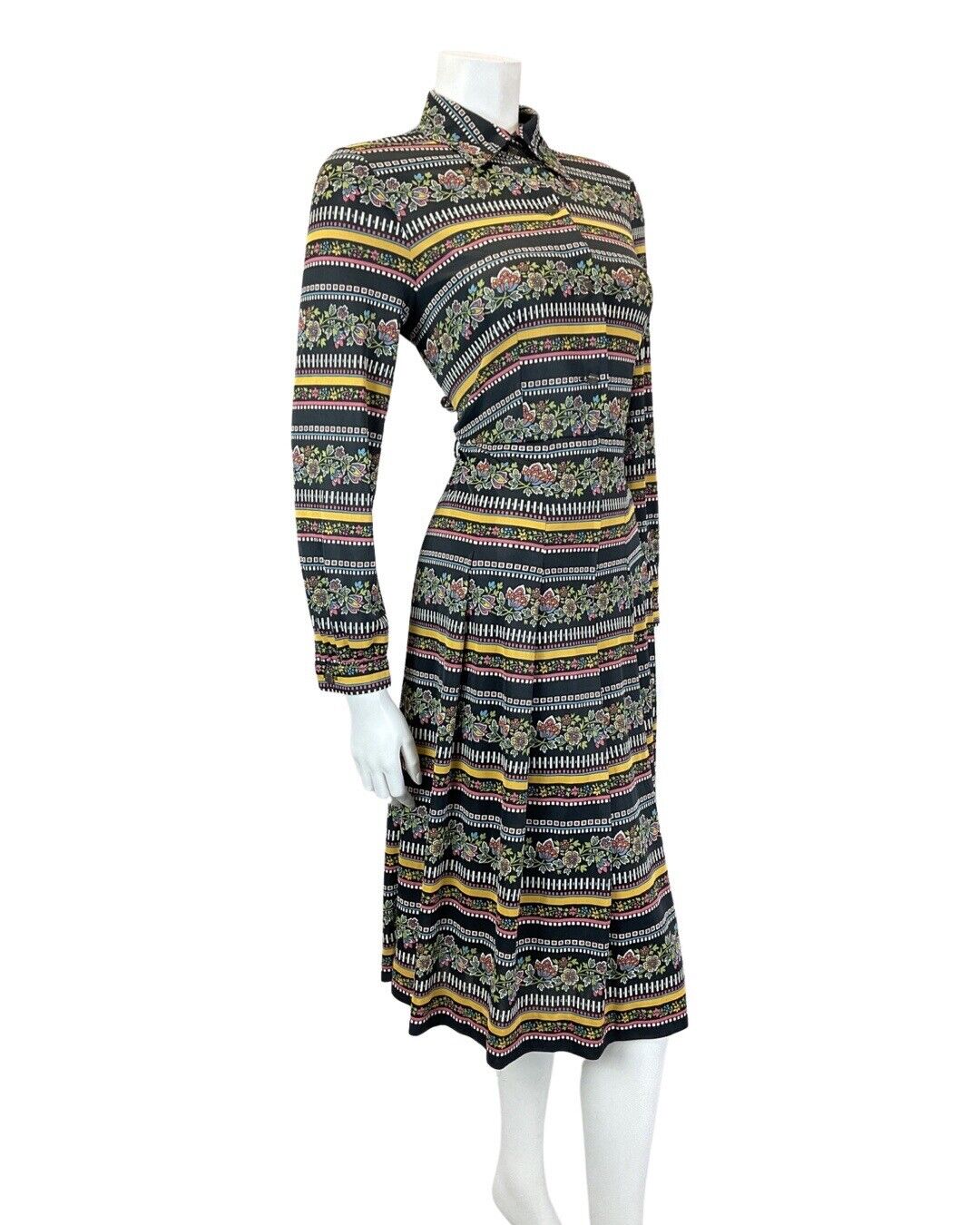 VINTAGE 60s 70s BLACK YELLOW BLUE STRIPED FLORAL MOD MIDI DAGGER SHIRT DRESS 10