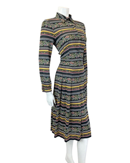 VINTAGE 60s 70s BLACK YELLOW BLUE STRIPED FLORAL MOD MIDI DAGGER SHIRT DRESS 10