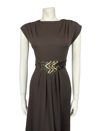 VTG 60S 70S BROWN GOLD SEQUIN BAND PLEATED TUNIC MOD PARTY MIDI DRESS 8
