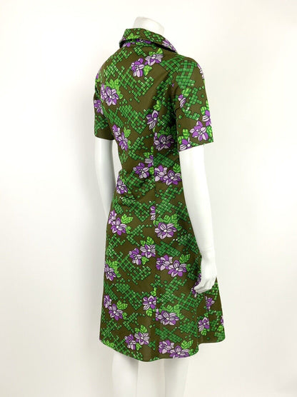 VINTAGE 60s 70s OLIVE GREEN PURPLE WHITE FLORAL GEOMETRIC SHIFT DRESS 14 16