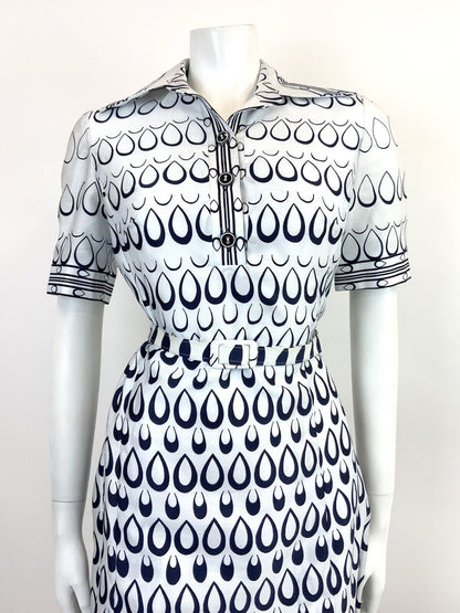 VTG 60s 70s WHITE NAVY BLUE TEARDROP MOD BELTED DAGGER COLLAR SHIRT DRESS 8 10
