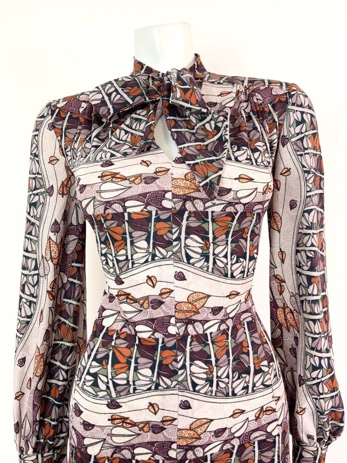 VTG 60s 70s PURPLE PINK ORANGE LEAFY TREE VINE PSYCHEDELIC PUSSYBOW DRESS 14 16