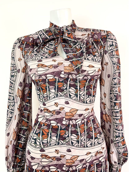 VTG 60s 70s PURPLE PINK ORANGE LEAFY TREE VINE PSYCHEDELIC PUSSYBOW DRESS 14 16