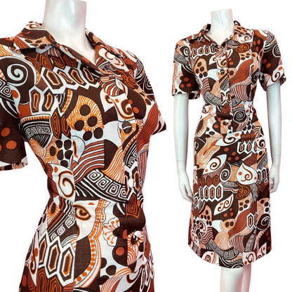 VINTAGE 60s 70s BROWN ORANGE WHITE PSYCHEDELIC SWIRL MOD SHIRT DRESS 14 16
