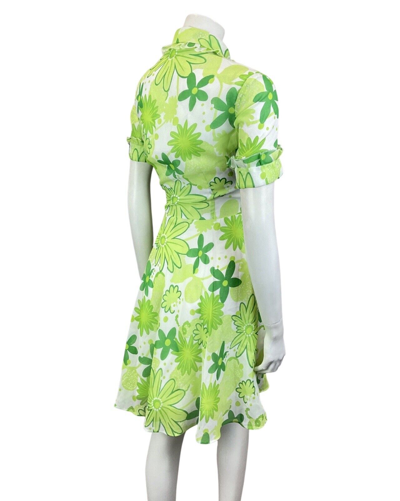 VINTAGE 60s 70s LIME FOREST APPLE GREEN FLORAL DAISY MOD SHIRT DRESS 10 12