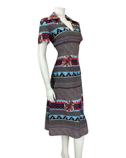 VINTAGE 60s 70s BLACK RED BLUE POLKA-DOT GEOMETRIC MOD DAGGER SHIRT DRESS 12 14