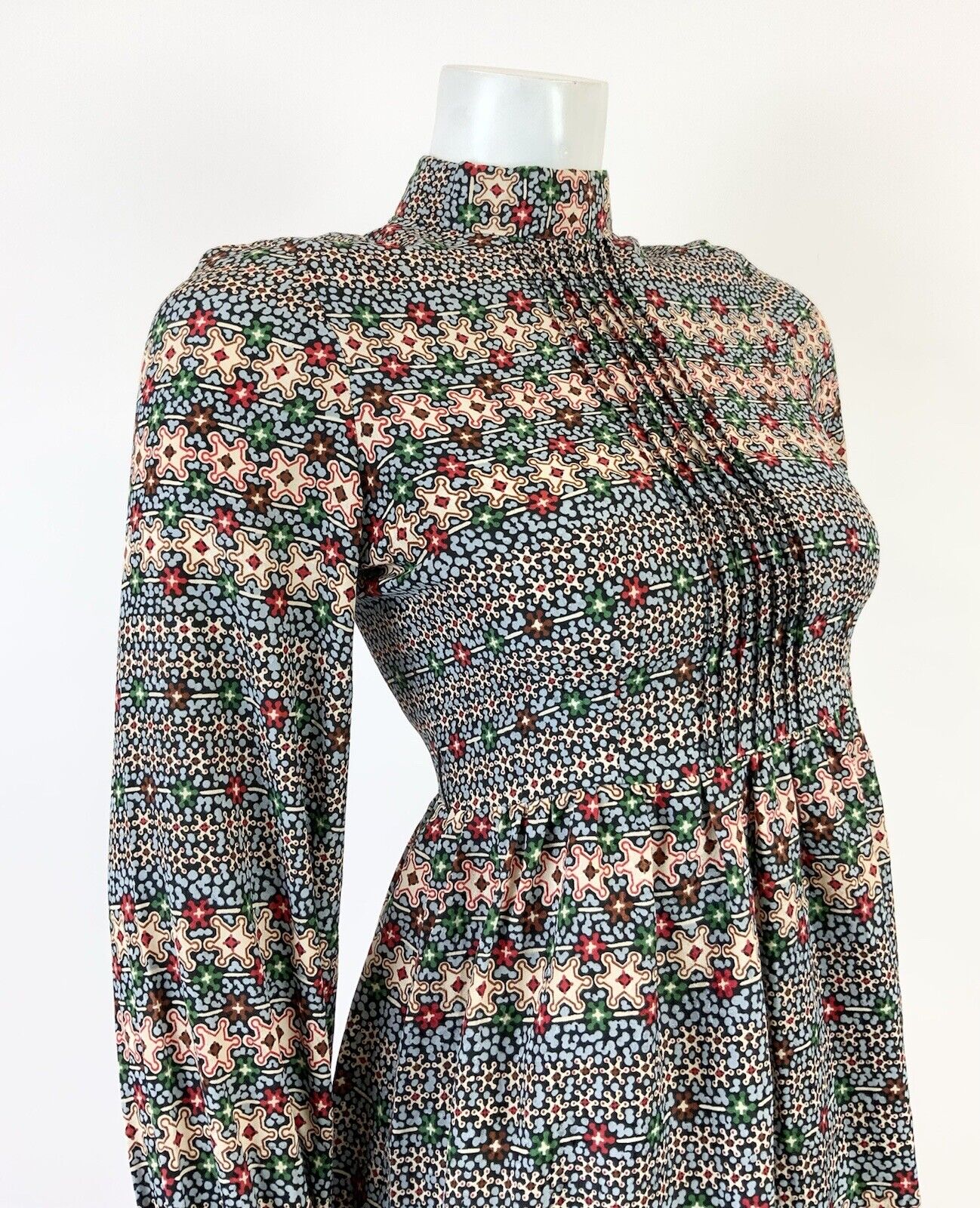 VINTAGE 60s 70s BLUE CREAM RED BLACK PSYCHEDELIC FLORAL DITSY SWING DRESS 8