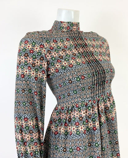 VINTAGE 60s 70s BLUE CREAM RED BLACK PSYCHEDELIC FLORAL DITSY SWING DRESS 8