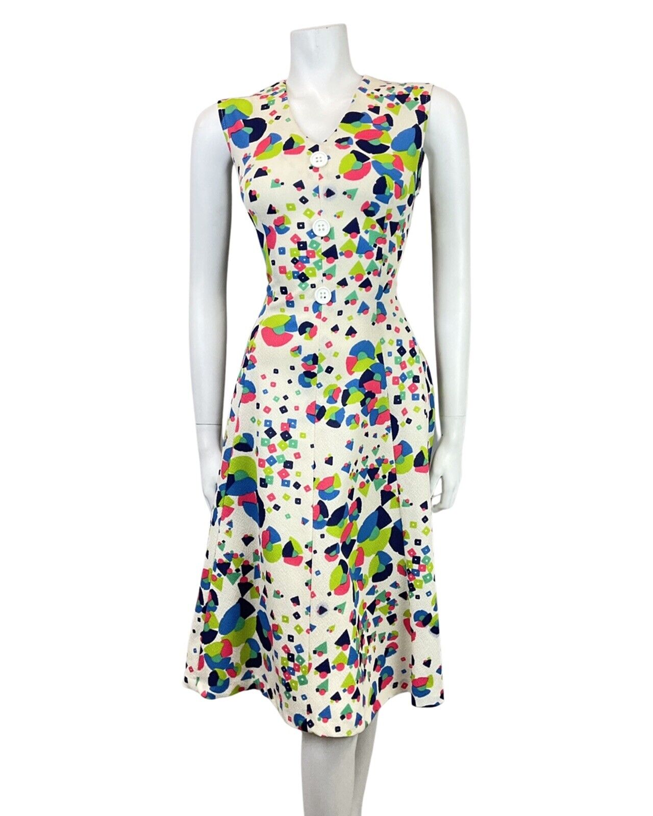 VINTAGE 60s 70s CREAM GREEN PINK GEOMETRIC PSYCHEDELIC SLEEVELESS SWING DRESS 12