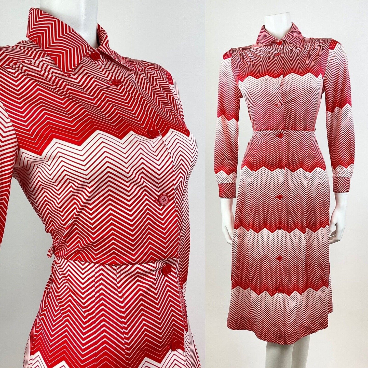VINTAGE 60s 70s BRIGHT RED WHITE CHEVRON ZIG-ZAG MOD DAGGER SHIRT DRESS 10