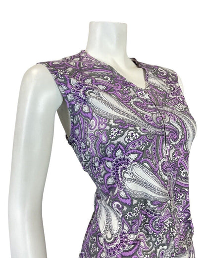 VINTAGE 60s 70s PURPLE GREY WHITE PSYCHEDELIC MANDALA FLORAL SLEEVELESS 12 14